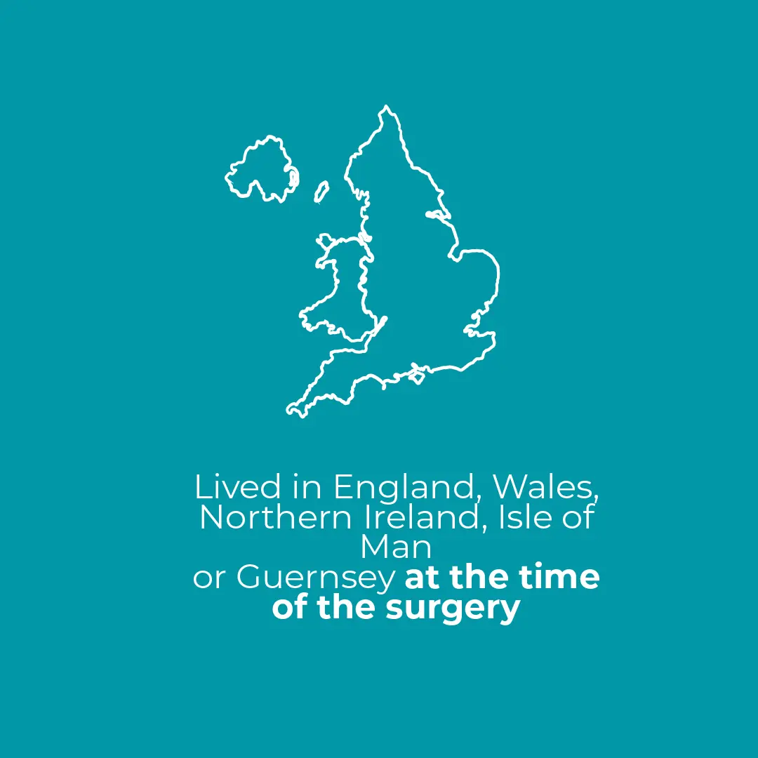 Lived in England, Wales, Northern Ireland, Isle of Man, or Guernsey at the time of surgery